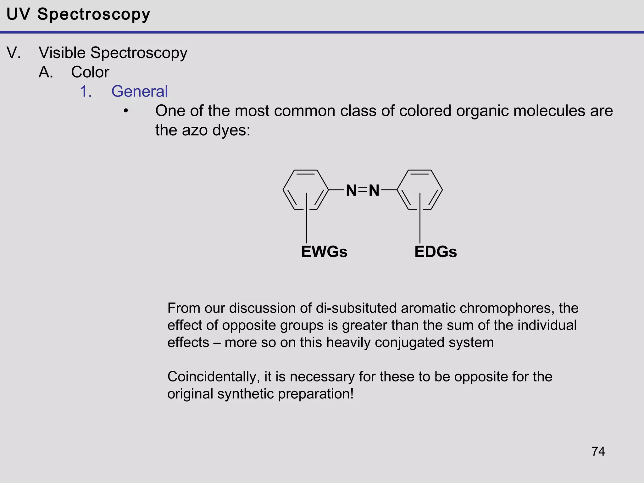 74
UV Spectroscopy
V. Visible Spectroscopy
A. Color
1. General
• One of the most common class of colored organic molecules are
the azo dyes:
From our discussion of di-subsituted aromatic chromophores, the
effect of opposite groups is greater than the sum of the individual
effects – more so on this heavily conjugated system
Coincidentally, it is necessary for these to be opposite for the
original synthetic preparation!
N N
EDGsEWGs
 