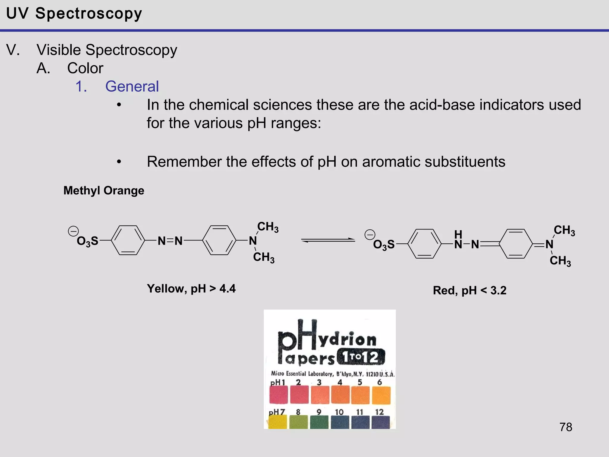 78
NNO3S N
CH3
CH3
N
H
NO3S N
CH3
CH3
Yellow, pH > 4.4 Red, pH < 3.2
Methyl Orange
UV Spectroscopy
V. Visible Spectroscopy
A. Color
1. General
• In the chemical sciences these are the acid-base indicators used
for the various pH ranges:
• Remember the effects of pH on aromatic substituents
 