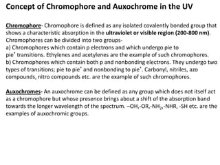 Concept of Chromophore and Auxochrome in the UV
Chromophore- Chromophore is defined as any isolated covalently bonded group that
shows a characteristic absorption in the ultraviolet or visible region (200-800 nm).
Chromophores can be divided into two groups-
a) Chromophores which contain p electrons and which undergo pie to
pie* transitions. Ethylenes and acetylenes are the example of such chromophores.
b) Chromophores which contain both p and nonbonding electrons. They undergo two
types of transitions; pie to pie* and nonbonding to pie*. Carbonyl, nitriles, azo
compounds, nitro compounds etc. are the example of such chromophores.
Auxochromes- An auxochrome can be defined as any group which does not itself act
as a chromophore but whose presence brings about a shift of the absorption band
towards the longer wavelength of the spectrum. –OH,-OR,-NH2,-NHR, -SH etc. are the
examples of auxochromic groups.
 