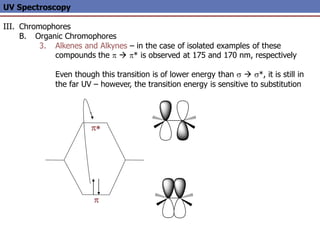 UV Spectroscopy
III. Chromophores
B. Organic Chromophores
3. Alkenes and Alkynes – in the case of isolated examples of these
compounds the p  p* is observed at 175 and 170 nm, respectively
Even though this transition is of lower energy than s  s*, it is still in
the far UV – however, the transition energy is sensitive to substitution
p*
p
 