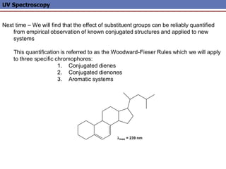UV Spectroscopy
Next time – We will find that the effect of substituent groups can be reliably quantified
from empirical observation of known conjugated structures and applied to new
systems
This quantification is referred to as the Woodward-Fieser Rules which we will apply
to three specific chromophores:
1. Conjugated dienes
2. Conjugated dienones
3. Aromatic systems
lmax = 239 nm
 