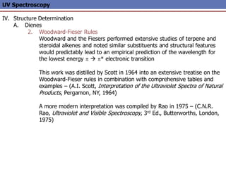 UV Spectroscopy
IV. Structure Determination
A. Dienes
2. Woodward-Fieser Rules
Woodward and the Fiesers performed extensive studies of terpene and
steroidal alkenes and noted similar substituents and structural features
would predictably lead to an empirical prediction of the wavelength for
the lowest energy p  p* electronic transition
This work was distilled by Scott in 1964 into an extensive treatise on the
Woodward-Fieser rules in combination with comprehensive tables and
examples – (A.I. Scott, Interpretation of the Ultraviolet Spectra of Natural
Products, Pergamon, NY, 1964)
A more modern interpretation was compiled by Rao in 1975 – (C.N.R.
Rao, Ultraviolet and Visible Spectroscopy, 3rd Ed., Butterworths, London,
1975)
 