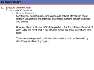 UV Spectroscopy
IV. Structure Determination
C. Aromatic Compounds
1. General Features
Substitution, auxochromic, conjugation and solvent effects can cause
shifts in wavelength and intensity of aromatic systems similar to dienes
and enones
However, these shifts are difficult to predict – the formulation of empirical
rules is for the most part is not efficient (there are more exceptions than
rules)
There are some general qualitative observations that can be made by
classifying substituent groups --
 