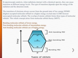 In spectroscopic analysis, when radiations interact with a chemical species, they can cause
transition at different energy levels. The type of transition depends upon the energy of the
radiation and the detection mode.
The transition of electrons always occurs from the ground state of low energy HOMO
(highest occupied molecular orbital) to a higher energy excited state LUMO (lowest
unoccupied molecular orbital). The overlap of atomic orbitals forms three types of molecular
orbitals. This whole concept arises from molecular orbital theory (MOT).
Bonding molecular orbitals of lower energy.
Non-bonding molecular orbitals of intermediate energy.
Anti bonding molecular orbitals are of higher energy.
 