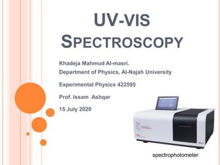 UV-VIS
SPECTROSCOPY
Khadeja Mahmud Al-masri.
Department of Physics, Al-Najah University
Experimental Physics 422595
Prof. Issam Ashqar
15 July 2020
spectrophotometer
 