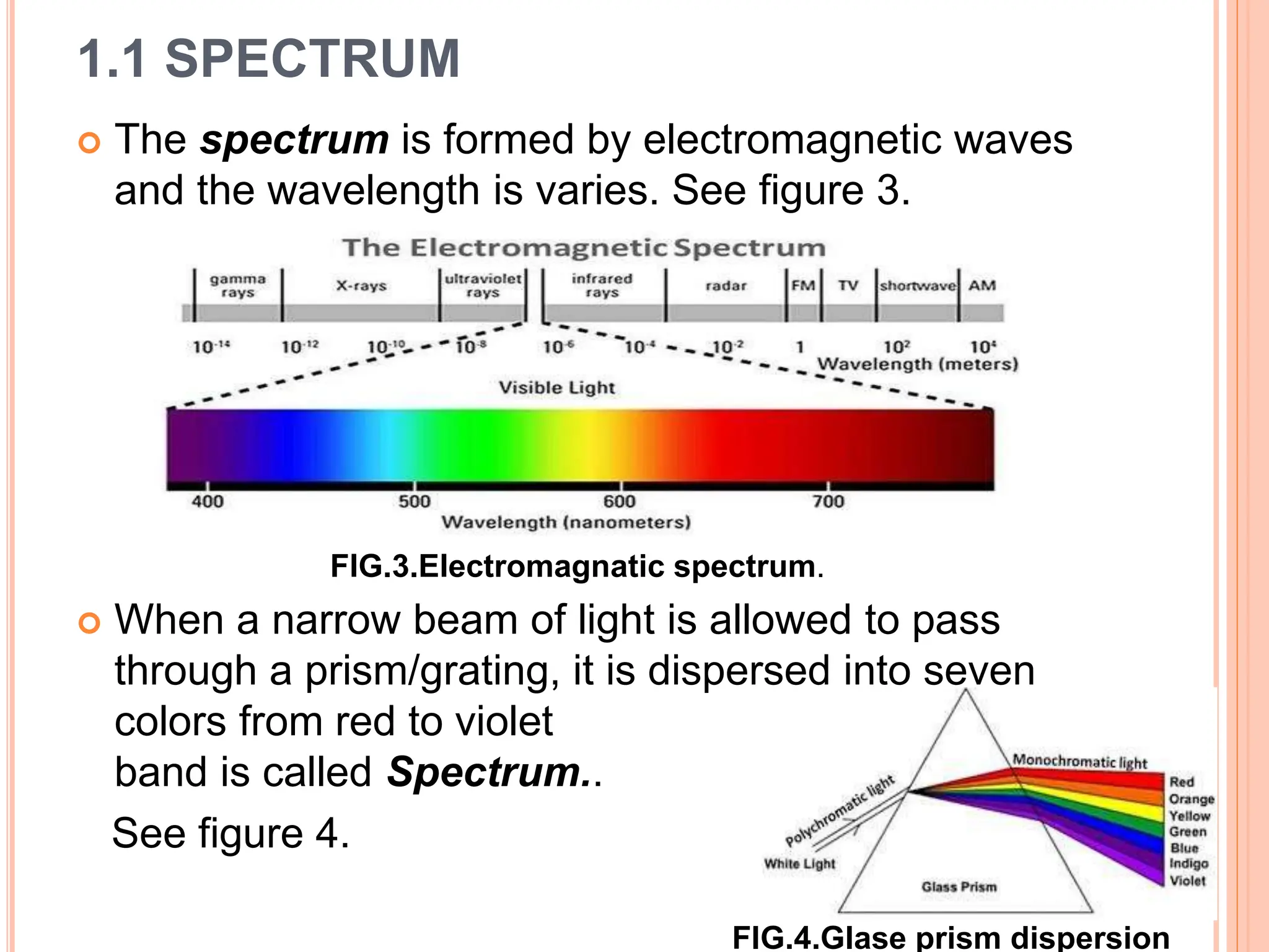 1.1 SPECTRUM
 The spectrum is formed by electromagnetic waves
and the wavelength is varies. See figure 3.
 When a narrow beam of light is allowed to pass
through a prism/grating, it is dispersed into seven
colors from red to violet and the
band is called Spectrum..
See figure 4.
FIG.3.Electromagnatic spectrum.
FIG.4.Glase prism dispersion
 