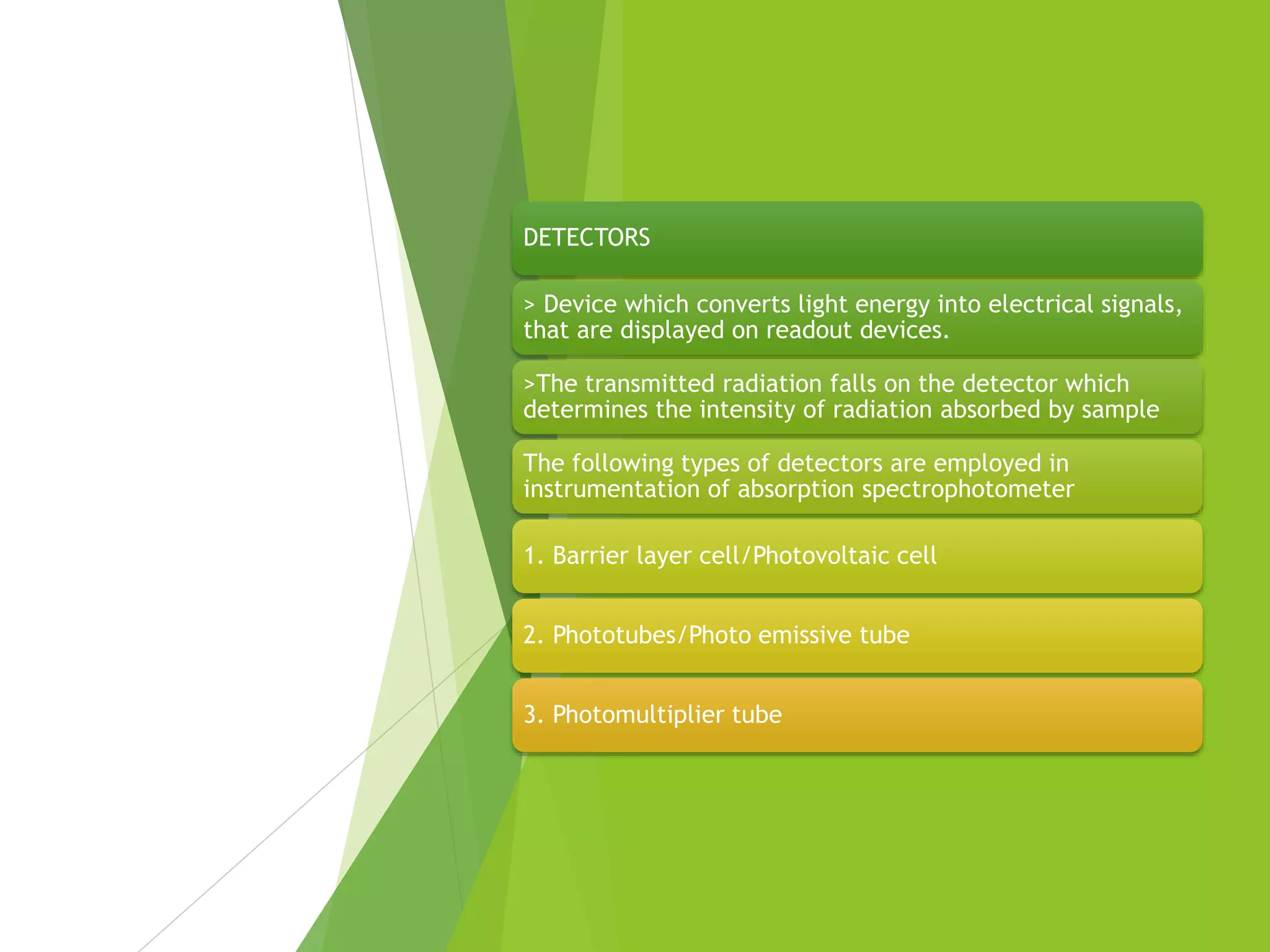 DETECTORS
> Device which converts light energy into electrical signals,
that are displayed on readout devices.
>The transmitted radiation falls on the detector which
determines the intensity of radiation absorbed by sample
The following types of detectors are employed in
instrumentation of absorption spectrophotometer
1. Barrier layer cell/Photovoltaic cell
2. Phototubes/Photo emissive tube
3. Photomultiplier tube
 