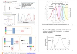 Flouresence emission always
occurs from the LOWEST
vibrational excited state
BECAUSE:
the relaxation process is fast !
37
http://micro.magnet.fsu.edu/primer/techniques/fluorescence/fluorescenceintro.html
38
Absorption
Emission (A)
Det
Det
Emission (B)
Det
Det
Excitation
39
We measure the excitation spectrum in order to find out the
best wavelength, which we should use for the emission
spectrum – example:
40
Printed with FinePrint trial version - purchase at www.fineprint.com
 