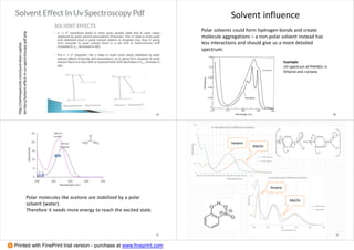 http://sammypiccolo.com/australian-capital-
territory/solvent-effect-in-uv-spectroscopy-pdf.php
29
Solvent influence
30
Polar solvents could form hydrogen-bonds and create
molecule aggregations – a non-polar solvent instead has
less interactions and should give us a more detailed
spectrum:
Example:
UV spectrum of PHENOL in
Ethanol and I-octane
Polar molecules like acetone are stabilized by a polar
solvent (water).
Therefore it needs more energy to reach the excited state.
31 32
hexane
MeOH
hexane
MeOH
Printed with FinePrint trial version - purchase at www.fineprint.com
 