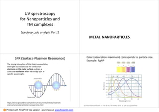 UV spectroscopy
for Nanoparticles and
TM complexes
Spectroscopic analysis Part 2
METAL NANOPARTICLES
SPR (Surface Plasmon Resonance)
https://www.sigmaaldrich.com/technical-documents/articles/materials-
science/nanomaterials/silver-nanoparticles.html
The strong interaction of the silver nanoparticles
with light occurs because the conduction
electrons on the metal surface undergo a
collective oscillation when excited by light at
specific wavelengths
Color (absorption maximum) corresponds to particle size.
Example: AgNP
Printed with FinePrint trial version - purchase at www.fineprint.com
 
