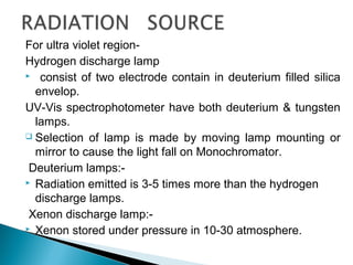 For ultra violet region-
Hydrogen discharge lamp
 consist of two electrode contain in deuterium filled silica
envelop.
UV-Vis spectrophotometer have both deuterium & tungsten
lamps.
 Selection of lamp is made by moving lamp mounting or
mirror to cause the light fall on Monochromator.
Deuterium lamps:-
 Radiation emitted is 3-5 times more than the hydrogen
discharge lamps.
Xenon discharge lamp:-
 Xenon stored under pressure in 10-30 atmosphere.
 