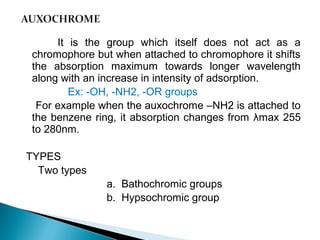 It is the group which itself does not act as a
chromophore but when attached to chromophore it shifts
the absorption maximum towards longer wavelength
along with an increase in intensity of adsorption.
Ex: -OH, -NH2, -OR groups
For example when the auxochrome –NH2 is attached to
the benzene ring, it absorption changes from λmax 255
to 280nm.
TYPES
Two types
a. Bathochromic groups
b. Hypsochromic group
 