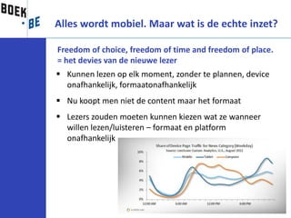 Alles wordt mobiel. Maar wat is de echte inzet?

Freedom of choice, freedom of time and freedom of place.
= het devies van de nieuwe lezer
 Kunnen lezen op elk moment, zonder te plannen, device
  onafhankelijk, formaatonafhankelijk
 Nu koopt men niet de content maar het formaat
 Lezers zouden moeten kunnen kiezen wat ze wanneer
  willen lezen/luisteren – formaat en platform
  onafhankelijk
 