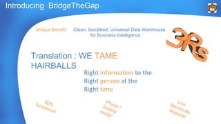 Introducing BridgeTheGap 
Unique Benefit: Clean, Scrubbed, Universal Data Warehouse 
for Business Intelligence 
Translation : WE TAME 
HAIRBALLS 
80% 
functional! 
Phase I 
Testing 
ready! 
Live 
Demos By 
Request 
Right information to the 
Right person at the 
Right time 
 