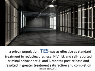 In a prison population, TESwas as effective as standard
treatment in reducing drug use, HIV risk and self-reported
criminal behavior at 3- and 6-months post-release and
resulted in greater treatment satisfaction and completion
(Chaple et al., 2013)
 