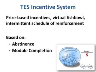 Prize-based incentives, virtual fishbowl,
intermittent schedule of reinforcement
TES Incentive System
Based on:
• Abstinence
• Module Completion
 