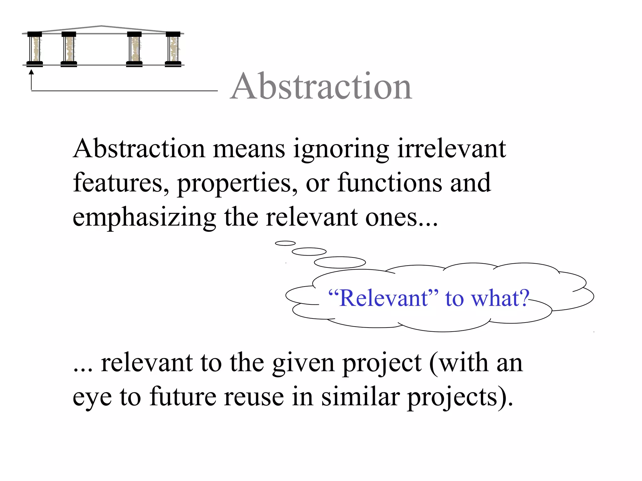 Abstraction
... relevant to the given project (with an
eye to future reuse in similar projects).
Abstraction means ignoring irrelevant
features, properties, or functions and
emphasizing the relevant ones...
“Relevant” to what?
 