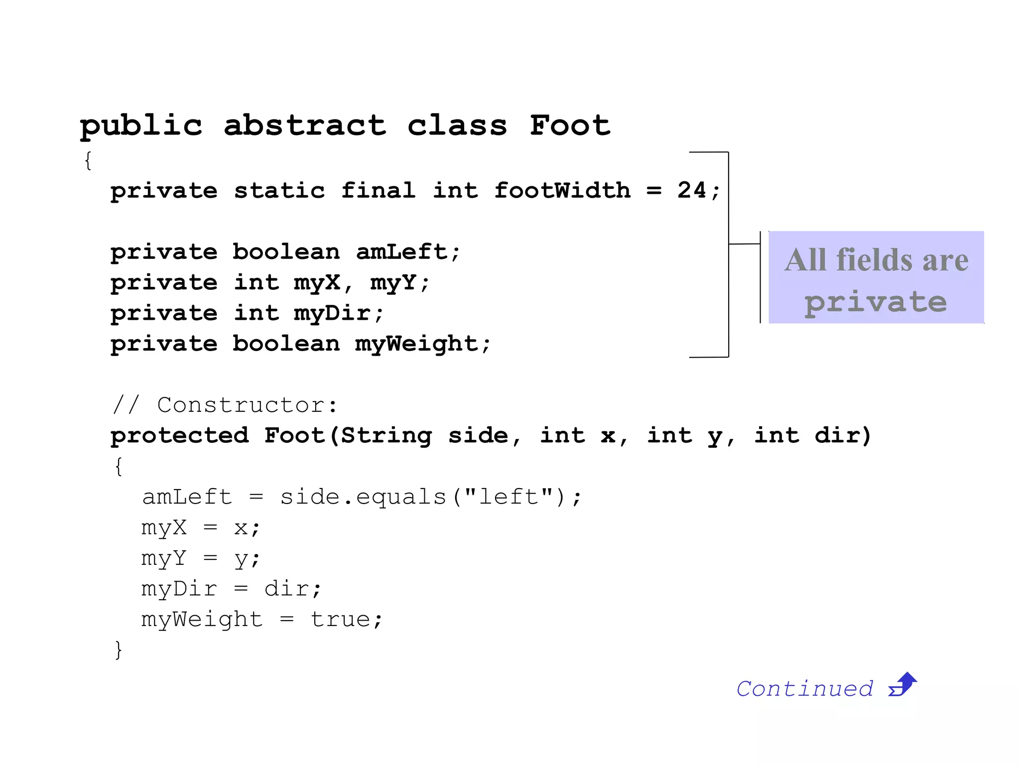 public abstract class Foot
{
private static final int footWidth = 24;
private boolean amLeft;
private int myX, myY;
private int myDir;
private boolean myWeight;
// Constructor:
protected Foot(String side, int x, int y, int dir)
{
amLeft = side.equals("left");
myX = x;
myY = y;
myDir = dir;
myWeight = true;
}
Continued 
All fields are
private
 