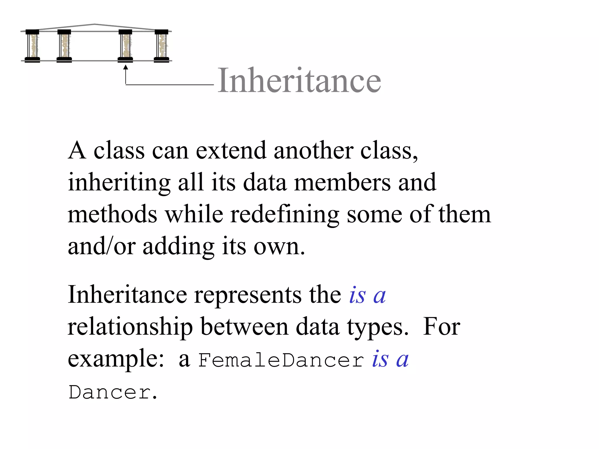 Inheritance
A class can extend another class,
inheriting all its data members and
methods while redefining some of them
and/or adding its own.
Inheritance represents the is a
relationship between data types. For
example: a FemaleDancer is a
Dancer.
 