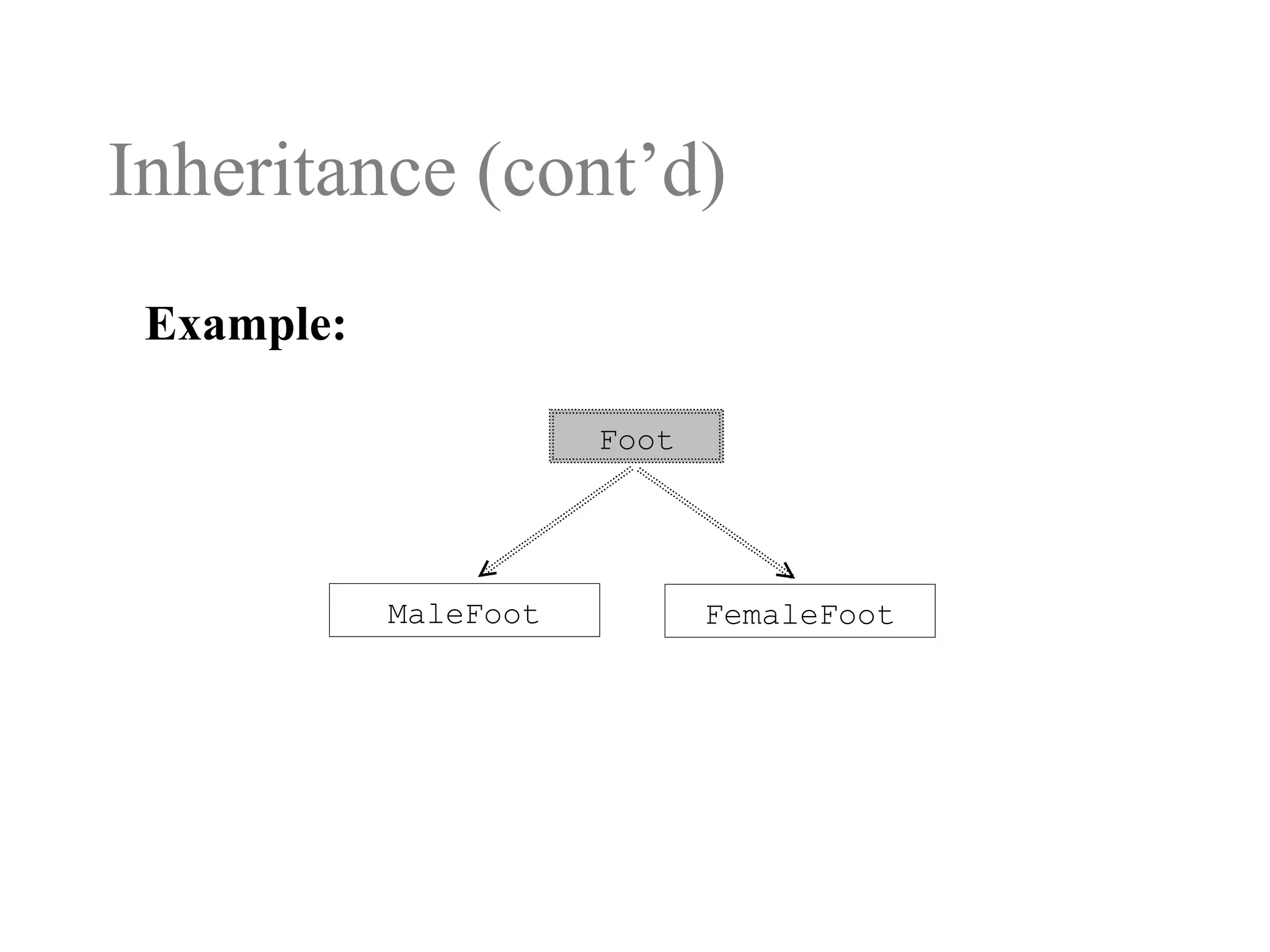 MaleFoot FemaleFoot
Foot
Example:
Inheritance (cont’d)
 