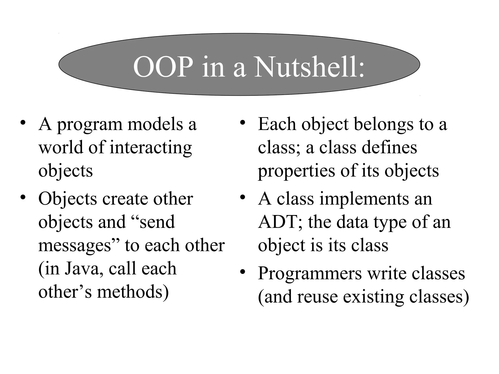 OOP in a Nutshell:
• A program models a
world of interacting
objects
• Objects create other
objects and “send
messages” to each other
(in Java, call each
other’s methods)
• Each object belongs to a
class; a class defines
properties of its objects
• A class implements an
ADT; the data type of an
object is its class
• Programmers write classes
(and reuse existing classes)
 