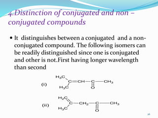 4.Distinction of conjugated and non –
conjugated compounds
 It distinguishes between a conjugated and a non-
conjugated compound. The following isomers can
be readily distinguished since one is conjugated
and other is not.First having longer wavelength
than second
CH3
C
CH3
CH C CH3
O
C CH2 C CH3
O
CH3
CH2
(i)
(ii)
26
 