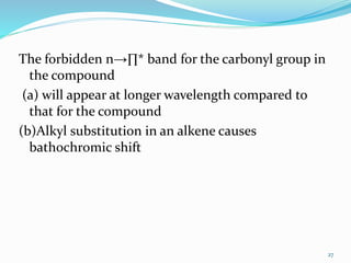 The forbidden n→∏* band for the carbonyl group in
the compound
(a) will appear at longer wavelength compared to
that for the compound
(b)Alkyl substitution in an alkene causes
bathochromic shift
27
 