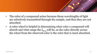 • The color of a compound arises because those wavelengths of light
are selectively transmitted through the sample, and thus they are not
absorbed.
• A color wheel is helpful in determining what color a compound will
absorb and what range the λmax will be, as the color directly across
the wheel from the observed color is the color that is most absorbed.
4/2/2022 12
 