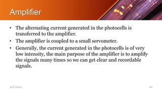 Amplifier
• The alternating current generated in the photocells is
transferred to the amplifier.
• The amplifier is coupled to a small servometer.
• Generally, the current generated in the photocells is of very
low intensity, the main purpose of the amplifier is to amplify
the signals many times so we can get clear and recordable
signals.
4/2/2022 20
 