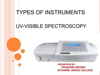 TYPES OF INSTRUMENTS
UV-VISIBLE SPECTROSCOPY
PRESENTED BY
THUSHARA MOHAN,
M PHARM, GRACE COLLEGE
 