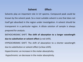Solvent Effect-
Solvents play an important role in UV spectra. Compound peak could be
known by the solvent peak. So a most suitable solvent is one that does not
itself get absorbed in the region under investigation. A solvent should be
transparent in a particular region. A dilute solution of sample is always
prepared for analysis.
BATHOCHROMIC SHIFT. The shift of absorption to a longer wavelength
due to substitution or solvent effect (a red shift).
HYPSOCHROMIC SHIFT. The shift of absorption to a shorter wavelength
due to substitution or solvent effect (a blue shift).
Hyperchromic: an increase in the molar absorptivity.
Hypochromic: an decrease in the molar absorptivity.
 