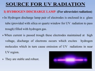 I) HYDROGEN DISCHARGE LAMP: (For ultraviolet radiation)
 In Hydrogen discharge lamp pair of electrodes is enclosed in a glass
tube (provided with silica or quartz window for UV radiation to pass
trough) filled with hydrogen gas.
 When current is passed trough these electrodes maintained at high
voltage, discharge of electrons occurs which excites hydrogen
molecules which in turn cause emission of UV radiations in near
UV region.
 They are stable and robust.
11
 