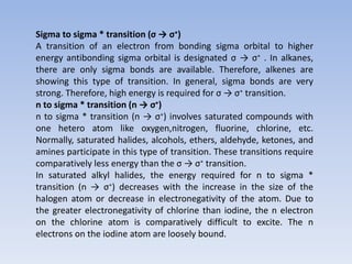 Sigma to sigma * transition (σ → σ∗)
A transition of an electron from bonding sigma orbital to higher
energy antibonding sigma orbital is designated σ → σ∗ . In alkanes,
there are only sigma bonds are available. Therefore, alkenes are
showing this type of transition. In general, sigma bonds are very
strong. Therefore, high energy is required for σ → σ∗ transition.
n to sigma * transition (n → σ∗)
n to sigma * transition (n → σ∗) involves saturated compounds with
one hetero atom like oxygen,nitrogen, fluorine, chlorine, etc.
Normally, saturated halides, alcohols, ethers, aldehyde, ketones, and
amines participate in this type of transition. These transitions require
comparatively less energy than the σ → σ∗ transition.
In saturated alkyl halides, the energy required for n to sigma *
transition (n → σ∗) decreases with the increase in the size of the
halogen atom or decrease in electronegativity of the atom. Due to
the greater electronegativity of chlorine than iodine, the n electron
on the chlorine atom is comparatively difficult to excite. The n
electrons on the iodine atom are loosely bound.
 