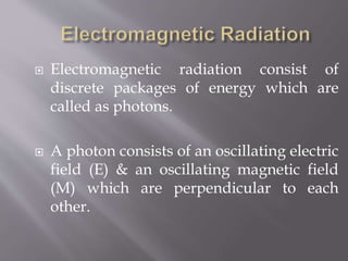  Electromagnetic radiation consist of
discrete packages of energy which are
called as photons.
 A photon consists of an oscillating electric
field (E) & an oscillating magnetic field
(M) which are perpendicular to each
other.
 