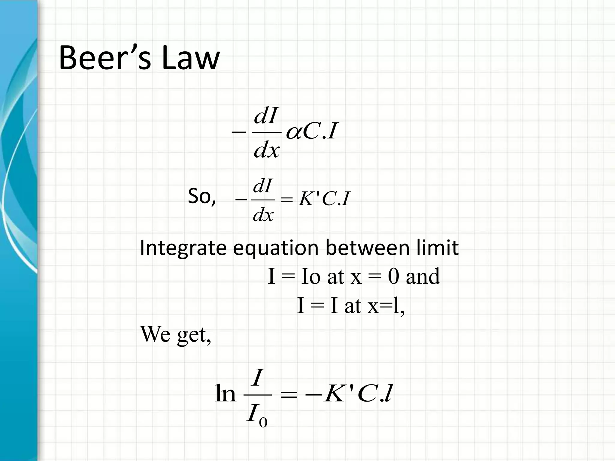 Beer’s Law
IC
dx
dI
.
So, ICK
dx
dI
.'
Integrate equation between limit
I = Io at x = 0 and
I = I at x=l,
We get,
lCK
I
I
.'ln
0

 