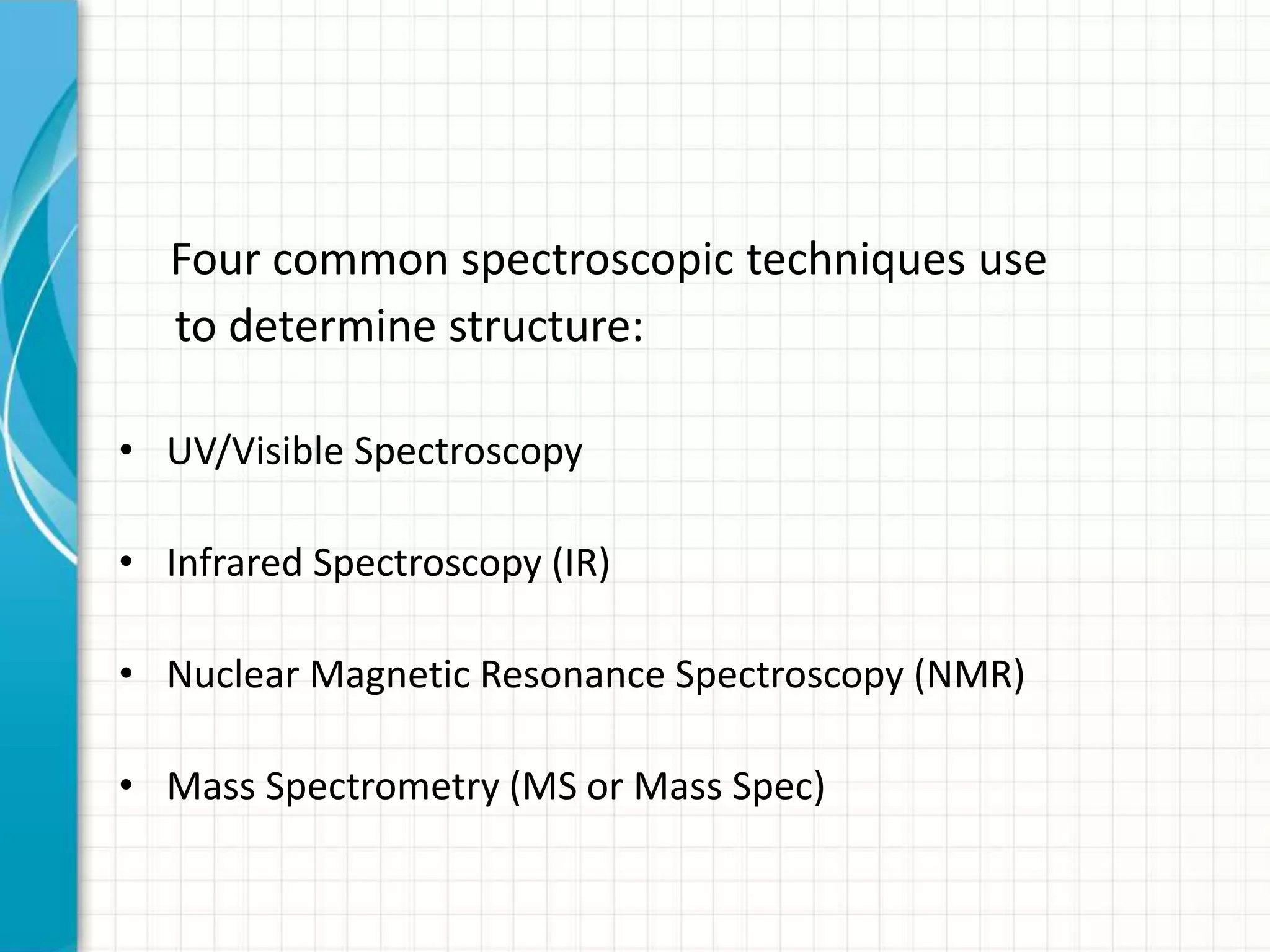 Four common spectroscopic techniques use
to determine structure:
• UV/Visible Spectroscopy
• Infrared Spectroscopy (IR)
• Nuclear Magnetic Resonance Spectroscopy (NMR)
• Mass Spectrometry (MS or Mass Spec)
 