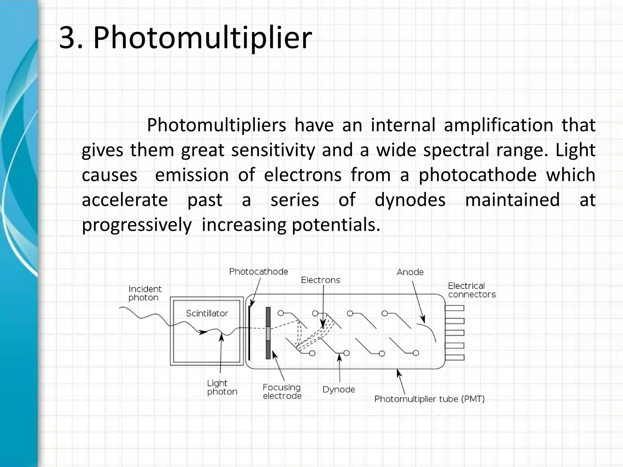 3. Photomultiplier
Photomultipliers have an internal amplification that
gives them great sensitivity and a wide spectral range. Light
causes emission of electrons from a photocathode which
accelerate past a series of dynodes maintained at
progressively increasing potentials.
 