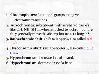 Terms describing UV absorptions
1. Chromophores: functional groups that give
electronic transitions.
2. Auxochromes: substituents with unshared pair e's
like OH, NH, SH ..., when attached to π chromophore
they generally move the absorption max. to longer λ.
3. Bathochromic shift: shift to longer λ, also called red
shift.
4. Hysochromic shift: shift to shorter λ, also called blue
shift.
5. Hyperchromism: increase in ε of a band.
6. Hypochromism: decrease in ε of a band.
 