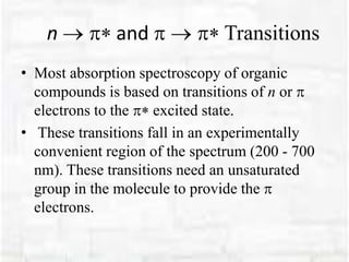 n  and  Transitions
• Most absorption spectroscopy of organic
compounds is based on transitions of n or 
electrons to the  excited state.
• These transitions fall in an experimentally
convenient region of the spectrum (200 - 700
nm). These transitions need an unsaturated
group in the molecule to provide the 
electrons.
 
