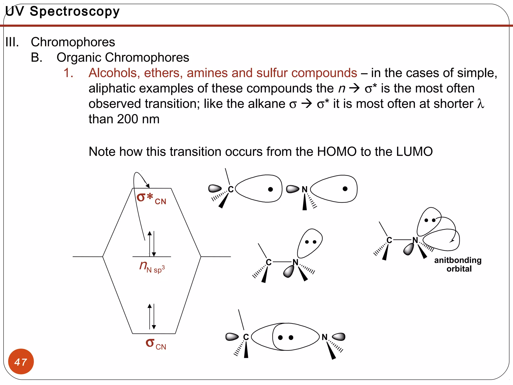 47
UV Spectroscopy
III. Chromophores
B. Organic Chromophores
1. Alcohols, ethers, amines and sulfur compounds – in the cases of simple,
aliphatic examples of these compounds the n  σ* is the most often
observed transition; like the alkane σ  σ* it is most often at shorter λ
than 200 nm
Note how this transition occurs from the HOMO to the LUMO
σ∗CN
σCN
nN sp3
C N
C N
C N
C N
anitbonding
orbital
 