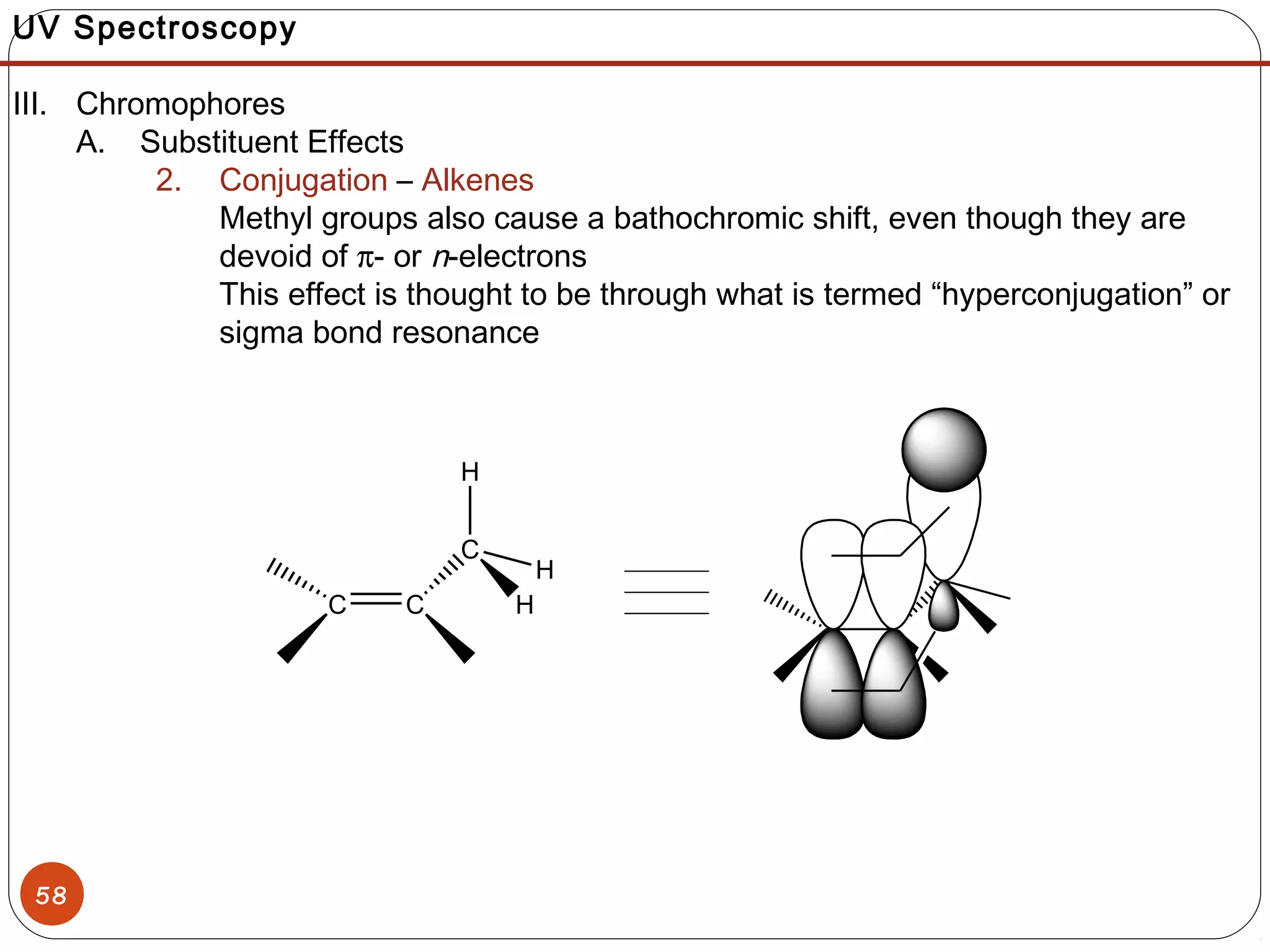58
UV Spectroscopy
III. Chromophores
A. Substituent Effects
2. Conjugation – Alkenes
Methyl groups also cause a bathochromic shift, even though they are
devoid of π- or n-electrons
This effect is thought to be through what is termed “hyperconjugation” or
sigma bond resonance
C C
C
H
H
H
 