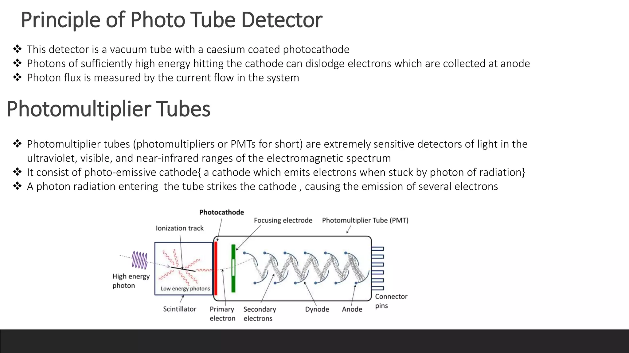 Principle of Photo Tube Detector
 This detector is a vacuum tube with a caesium coated photocathode
 Photons of sufficiently high energy hitting the cathode can dislodge electrons which are collected at anode
 Photon flux is measured by the current flow in the system
Photomultiplier Tubes
 Photomultiplier tubes (photomultipliers or PMTs for short) are extremely sensitive detectors of light in the
ultraviolet, visible, and near-infrared ranges of the electromagnetic spectrum
 It consist of photo-emissive cathode{ a cathode which emits electrons when stuck by photon of radiation}
 A photon radiation entering the tube strikes the cathode , causing the emission of several electrons
 