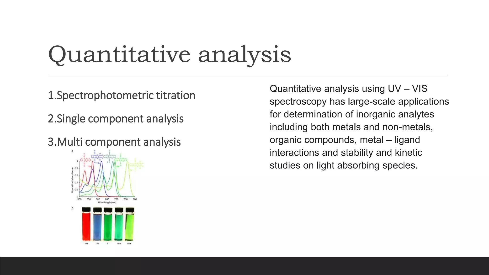 Quantitative analysis
1.Spectrophotometric titration
2.Single component analysis
3.Multi component analysis
Quantitative analysis using UV – VIS
spectroscopy has large-scale applications
for determination of inorganic analytes
including both metals and non-metals,
organic compounds, metal – ligand
interactions and stability and kinetic
studies on light absorbing species.
 