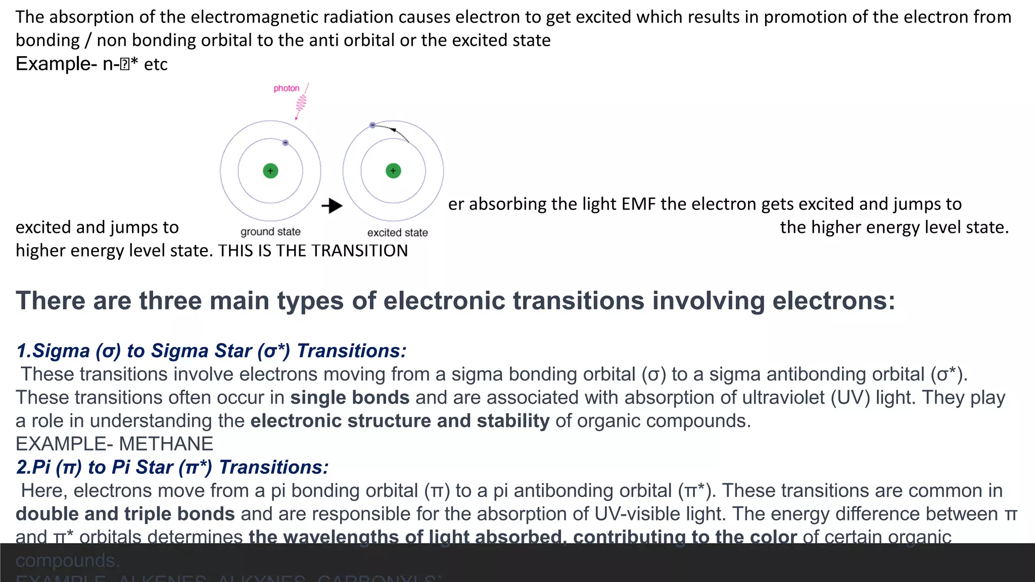 The absorption of the electromagnetic radiation causes electron to get excited which results in promotion of the electron from
bonding / non bonding orbital to the anti orbital or the excited state
Example- n- * etc
After absorbing the light EMF the electron gets excited and jumps to
excited and jumps to . the higher energy level state.
higher energy level state. THIS IS THE TRANSITION
There are three main types of electronic transitions involving electrons:
1.Sigma (σ) to Sigma Star (σ*) Transitions:
These transitions involve electrons moving from a sigma bonding orbital (σ) to a sigma antibonding orbital (σ*).
These transitions often occur in single bonds and are associated with absorption of ultraviolet (UV) light. They play
a role in understanding the electronic structure and stability of organic compounds.
EXAMPLE- METHANE
2.Pi (π) to Pi Star (π*) Transitions:
Here, electrons move from a pi bonding orbital (π) to a pi antibonding orbital (π*). These transitions are common in
double and triple bonds and are responsible for the absorption of UV-visible light. The energy difference between π
and π* orbitals determines the wavelengths of light absorbed, contributing to the color of certain organic
compounds.
 