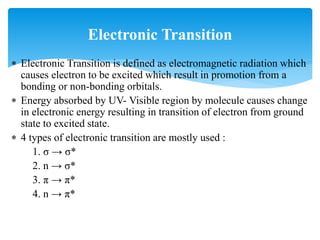  Electronic Transition is defined as electromagnetic radiation which
causes electron to be excited which result in promotion from a
bonding or non-bonding orbitals.
 Energy absorbed by UV- Visible region by molecule causes change
in electronic energy resulting in transition of electron from ground
state to excited state.
 4 types of electronic transition are mostly used :
1. σ → σ*
2. n → σ*
3. π → π*
4. n → π*
Electronic Transition
 