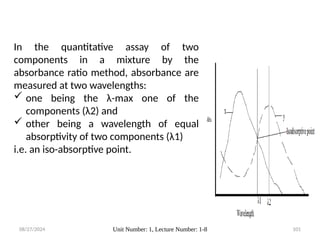 08/27/2024 Unit Number: 1, Lecture Number: 1-8 101
In the quantitative assay of two
components in a mixture by the
absorbance ratio method, absorbance are
measured at two wavelengths:
 one being the λ-max one of the
components (λ2) and
 other being a wavelength of equal
absorptivity of two components (λ1)
i.e. an iso-absorptive point.
 