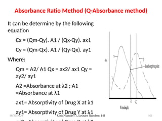 08/27/2024 Unit Number: 1, Lecture Number: 1-8 102
It can be determine by the following
equation
Cx = (Qm-Qy). A1 / (Qx-Qy). ax1
Cy = (Qm-Qx). A1 / (Qy-Qx). ay1
Where:
Qm = A2/ A1 Qx = ax2/ ax1 Qy =
ay2/ ay1
A2 =Absorbance at λ2 ; A1
=Absorbance at λ1
ax1= Absorptivity of Drug X at λ1
ay1= Absorptivity of Drug Y at λ1
Absorbance Ratio Method (Q-Absorbance method)
 