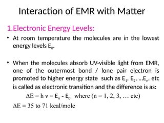 Interaction of EMR with Matter
1.Electronic Energy Levels:
• At room temperature the molecules are in the lowest
energy levels E0.
• When the molecules absorb UV-visible light from EMR,
one of the outermost bond / lone pair electron is
promoted to higher energy state such as E1, E2, …En, etc
is called as electronic transition and the difference is as:
∆E = h ν = En - E0 where (n = 1, 2, 3, … etc)
∆E = 35 to 71 kcal/mole
 