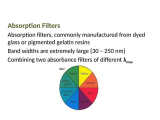 Filters
Absorption Filters
Absorption filters, commonly manufactured from dyed
glass or pigmented gelatin resins
Band widths are extremely large {30 – 250 nm}
Combining two absorbance filters of different λmax
 