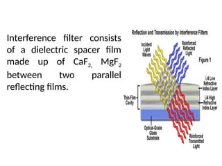 Interference filter consists
of a dielectric spacer film
made up of CaF2, MgF2
between two parallel
reflecting films.
INTERFERENCE FILTERS
 
